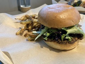 Green Seed Burger with fries  at Green Seed Vegan in Houston