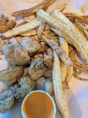 Cauliflower Nuggets and side of fries at Green Seed Vegan in Houston