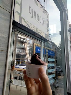 Aztec Chocolate small cup, in front of the cafe at Django in Athens