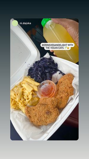 Seamoss lemonade/ vegan chicken red cabbage and Mac and cheese   at Erins Vegan Delight in Philadelphia