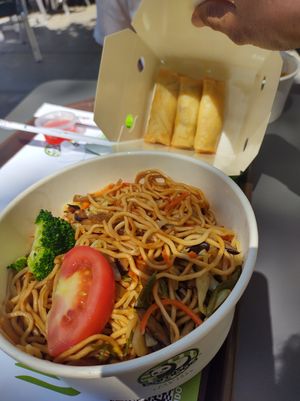 Vegan choi mein noodles and spring rolls vegano at Bamboo in Madrid