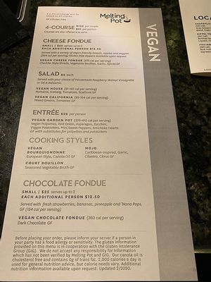 Vegan menu  at The Melting Pot in Sacramento
