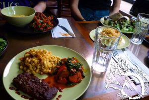 BBQ Ribs, Mac'n'Cheese, Veggie Medley. Came with a side salad. 
Delicious! at Seasoned Vegan in New York City