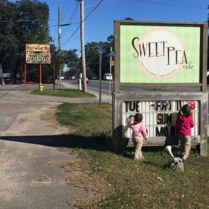 always choosing vegan over meat (see meat market sign in the background)  at Sweet Pea Cafe in Tallahassee