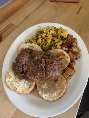 Special - ‘honey’ butter  chickn n biscuits with tofu scramble and home fries   at Sweet Pea Cafe in Tallahassee