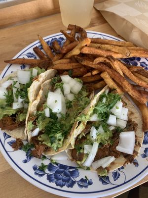 Special - lions mane tacos with French fries  at Sweet Pea Cafe in Tallahassee