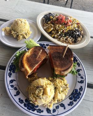 Buffalo fried tofu sandwich, potato salad, hevous rancheros   at Sweet Pea Cafe in Tallahassee