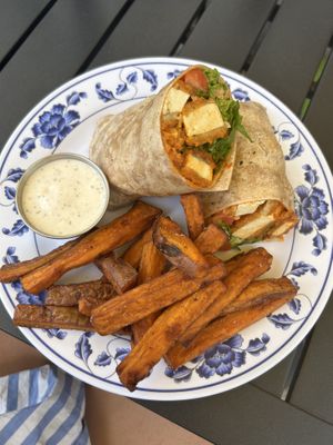 Buffalo Tofu wrap wrap with sweet potato fries and ranch   at Sweet Pea Cafe in Tallahassee