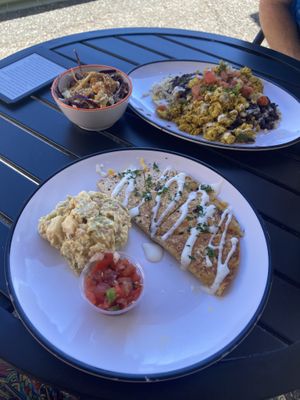 quesadilla w potato salad both solid and tofu rancheros pun thinglet my cuz said its good   at Sweet Pea Cafe in Tallahassee