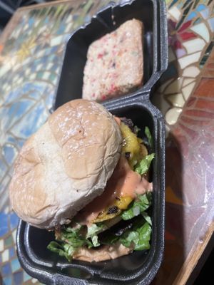 Mac daddy burger and the blonde brownie.  at Sweet Pea Cafe in Tallahassee