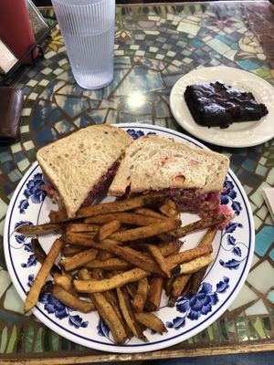 Tempeh Reuben with fried and brownie for dessert.  at Sweet Pea Cafe in Tallahassee