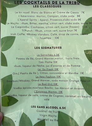 Drinks menu at La Tribu in Ile-de-re