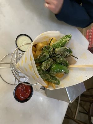 Potatoes and fried green peppers with vegan tartar.   at Las Fritas in Barcelona