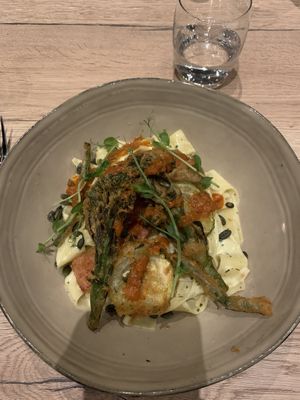 Pasta with tempura veggies  at BUCK Bar Kitchen in Boskoop