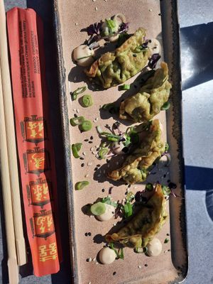 Veggie gyozas from Bites on the drinks menu at BUCK Bar Kitchen in Boskoop