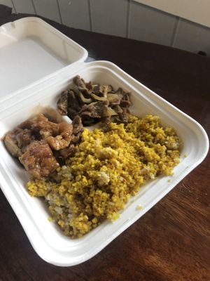 Quinoa, “beef”, and “pork belly"  at The Vegan Shop in Hilo