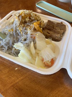 Sweet potato noodles, pumpkin fried rice, “pork” belly, and veggies   at The Vegan Shop in Hilo