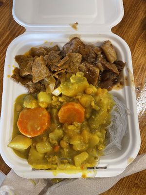 Soy “beef”, “pork” belly, & yellow curry on glass noodles  at The Vegan Shop in Hilo