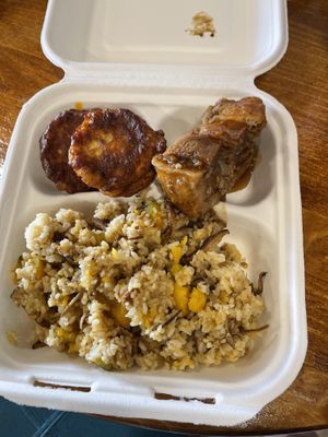 Pumpkin fried rice, “pork” belly, and “egg” Pattie's  at The Vegan Shop in Hilo