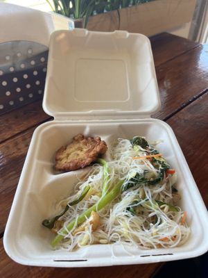 Noodles and eggless paddy (tofu) soooo good   at The Vegan Shop in Hilo