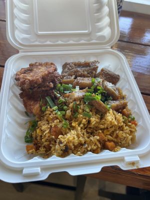 Fried rice, eggless paddy and vegan pork  at The Vegan Shop in Hilo