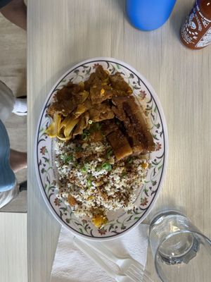 Beef and onion, pork belly with pumpkin quinoa   at The Vegan Shop in Hilo