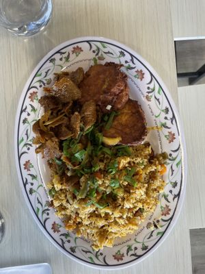 Beef and onion, tofu egg fritter with fried rice  at The Vegan Shop in Hilo
