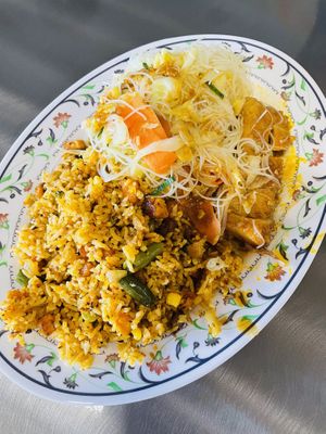 Lemongrass fried rice, pork belly, and veggies vermicelli  at The Vegan Shop in Hilo
