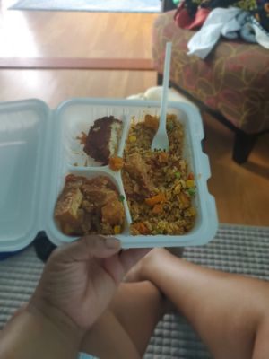 Fried rice, fish cake, and meatballs at The Vegan Shop in Hilo