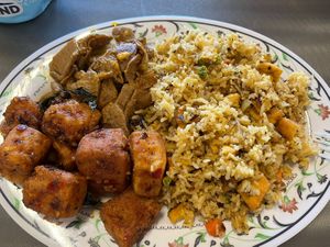 Lunch plate - fried rice, tofu, “beef”   at The Vegan Shop in Hilo