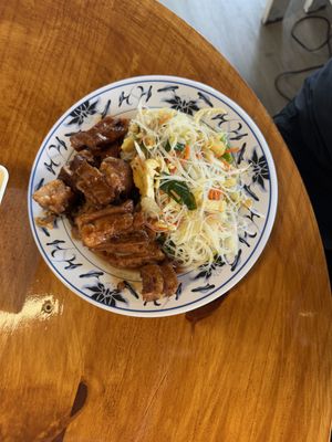 Buffet: pork belly, stir fry rice noodles  at The Vegan Shop in Hilo
