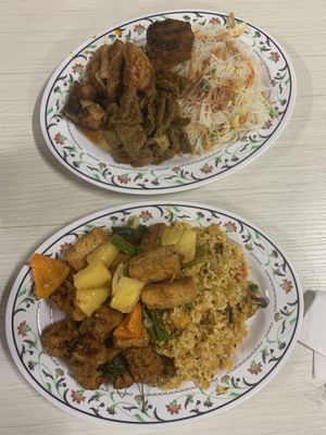 Top: “pork belly”, "beef”, Singapore noodles. Bottom : sweet and sour tofu, basil tofu, fried rice  at The Vegan Shop in Hilo