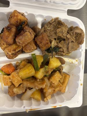 Basil tofu, beef, sweet and sour   at The Vegan Shop in Hilo