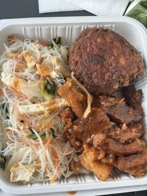 singapore node, egg patty, vegan pork belly  at The Vegan Shop in Hilo