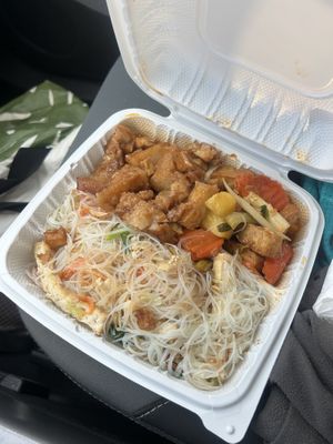 singapore noodle, pineapple tofu, vegan pork belly  at The Vegan Shop in Hilo