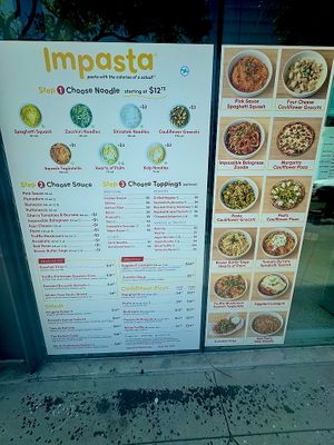 Menu with multiple vegan items and vegan toppings.  at Impasta in Beverly Hills