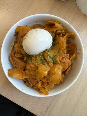 Romesco sauce, squash noodles and VEGAN BURRATA  at Impasta in Beverly Hills