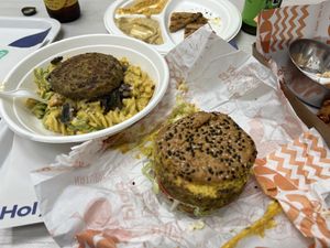 Mac and cheese and a Mexican burger  at Holy Plants in Lima