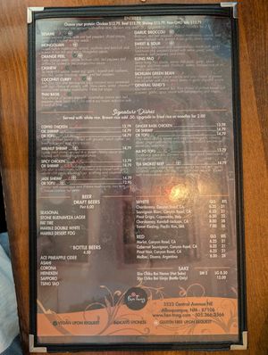 Menu at Fan Tang in Albuquerque