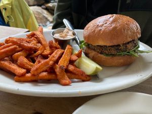 Vegan black bean burger with sweet potato fries  at Cafe Flora in Seattle