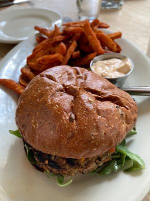 Vegan black bean burger with sweet potato fries  at Cafe Flora in Seattle