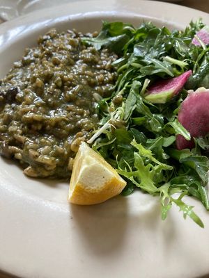 Mushroom—pesto risotto  at Cafe Flora in Seattle