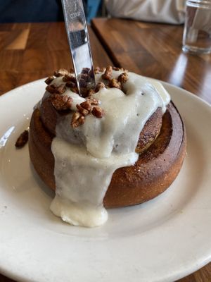 Cinnamon roll. Humongous, crispy edges, just the right amount of sweetness    at Cafe Flora in Seattle