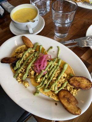 Golden milk. Huevos plantanos    at Cafe Flora in Seattle
