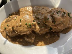 Gravy and biscuits  at Cafe Flora in Seattle