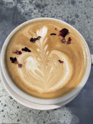 Rose cardamom latte  at Cafe Flora in Seattle