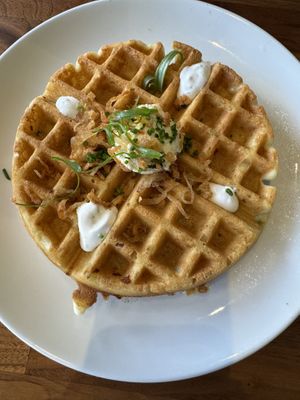 Potato and scallion waffle— yum  at Cafe Flora in Seattle