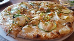 GF Vegan Squash Flower Pizza at Cafe Flora in Seattle