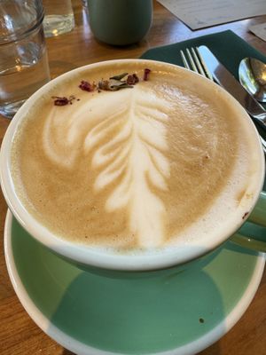 Cardamom rose oat latte  at Cafe Flora in Seattle