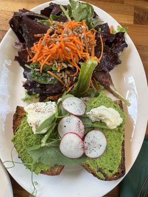 Spring pea hummus and whipped garlic tartine —yum  at Cafe Flora in Seattle